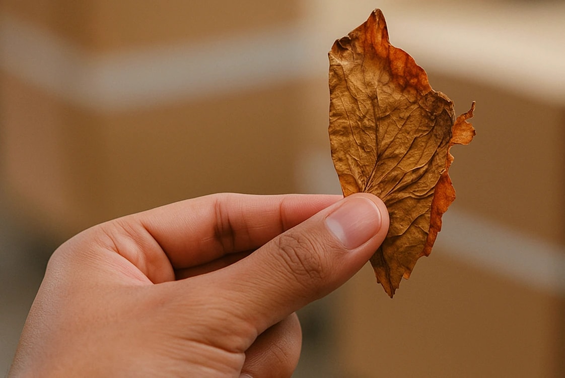 A hand holding a carefully selected tobacco leaf