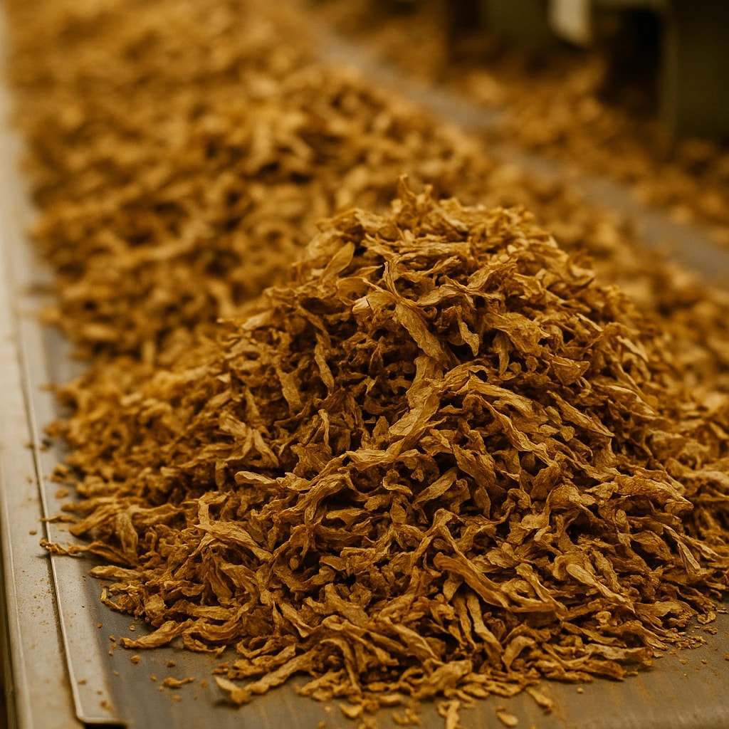 Finely cut tobacco on a processing surface